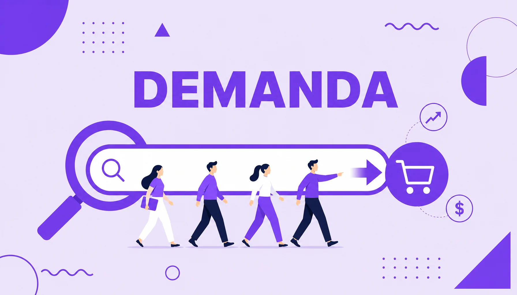 Ilustración de una lupa que capta a personas decididas hacia un botón de compra, que representa la captura de demanda.