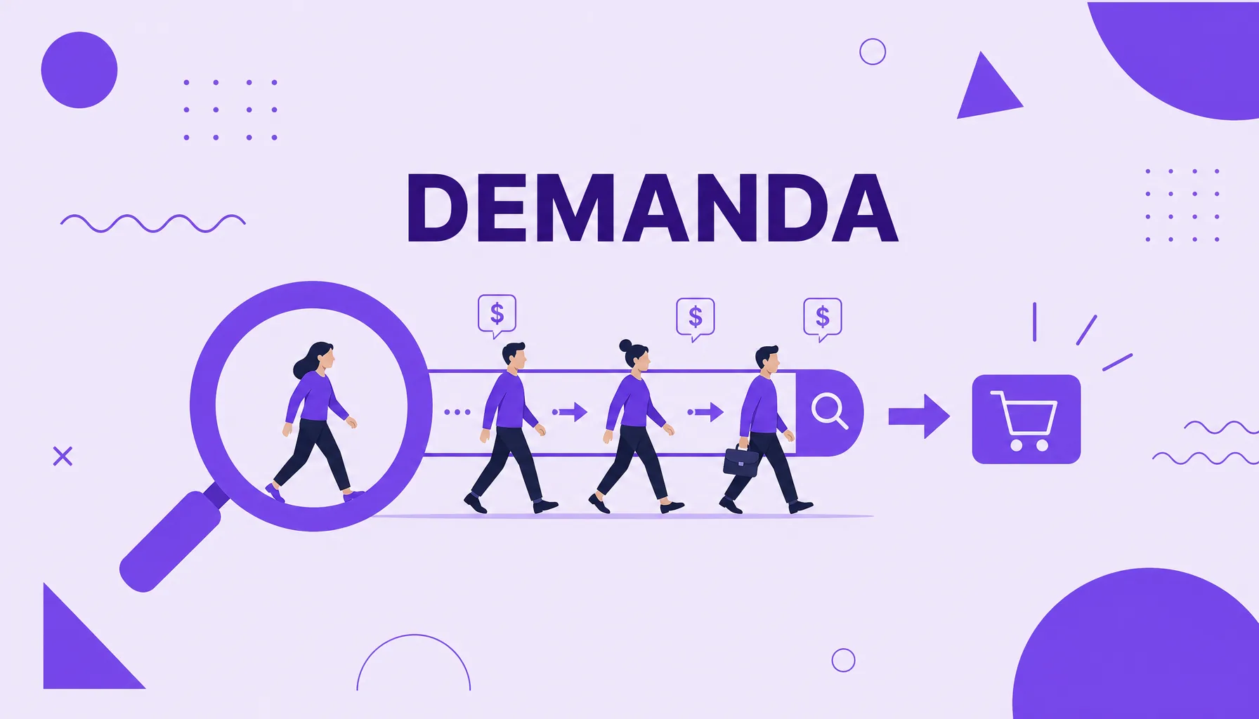 Ilustração de uma lupa captando pessoas decididas em direção a um botão de compra, representando a captura de demanda.