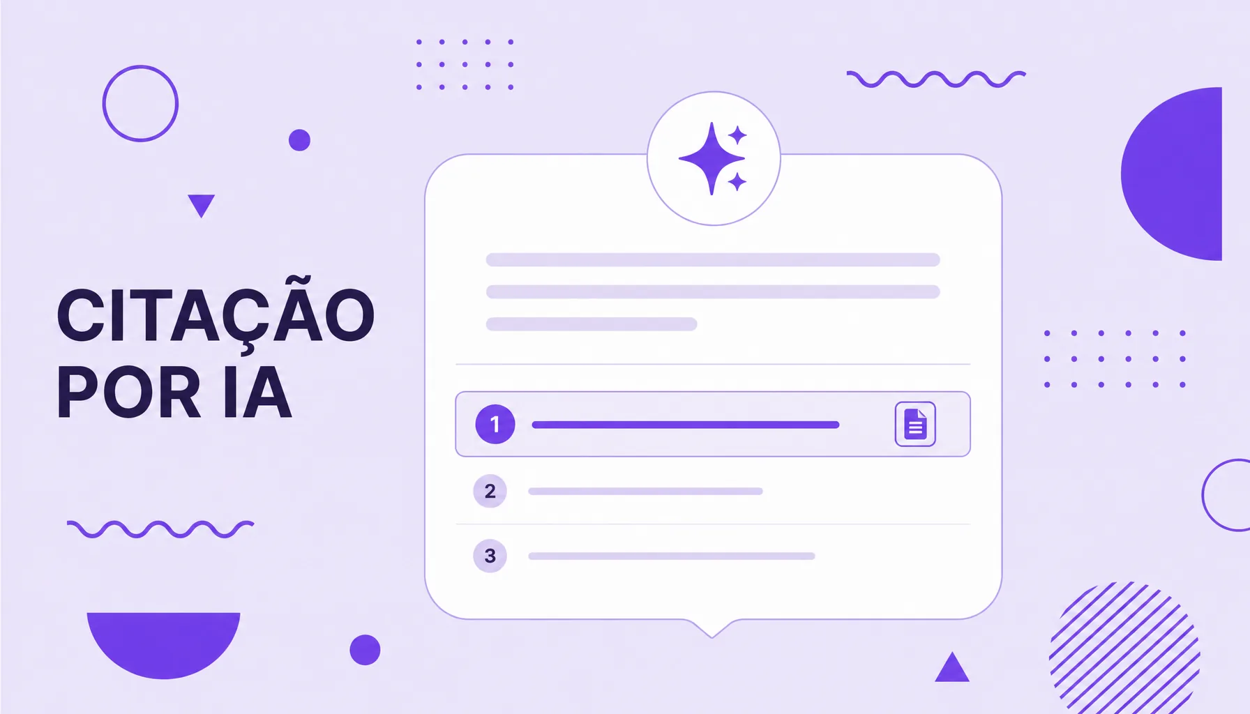 Ilustração de uma resposta de IA com uma lista de fontes numeradas e um site em destaque, representando a citação por IA.