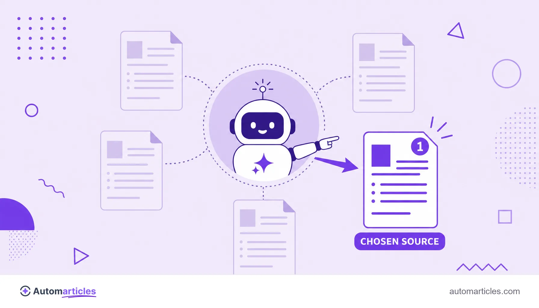 Illustration of an AI choosing one page among several to cite as the source of the answer.