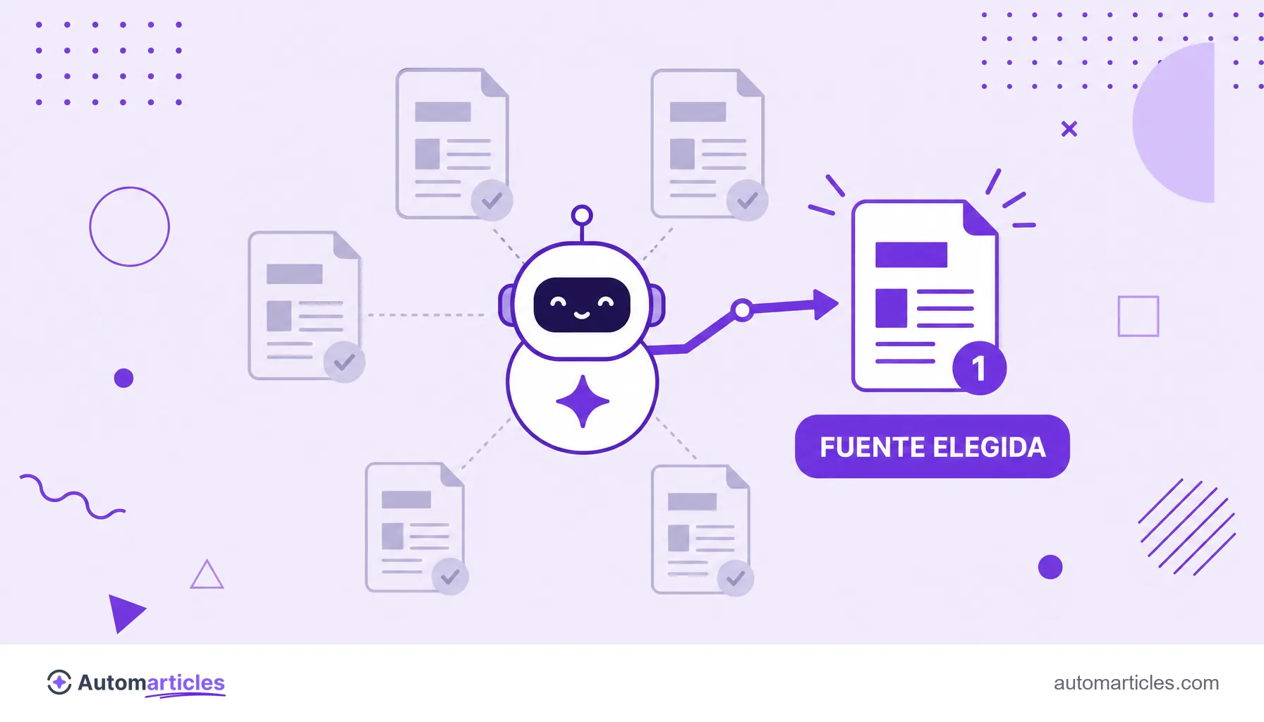 Ilustración de una IA eligiendo una página entre varias para citar como fuente de la respuesta.