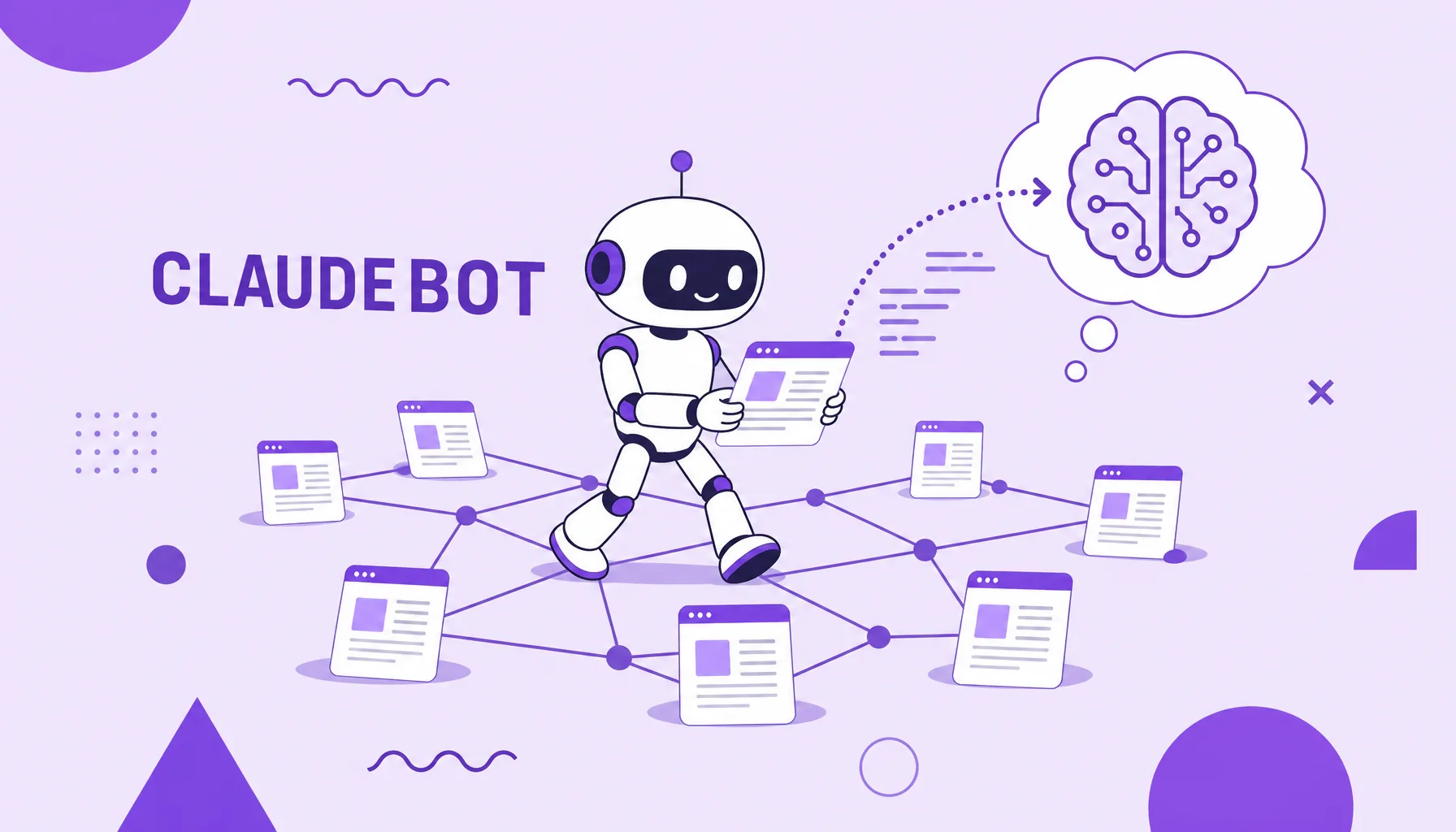 Illustration of an AI crawler robot reading web pages and carrying the content into a model, representing Anthropic's ClaudeBot.