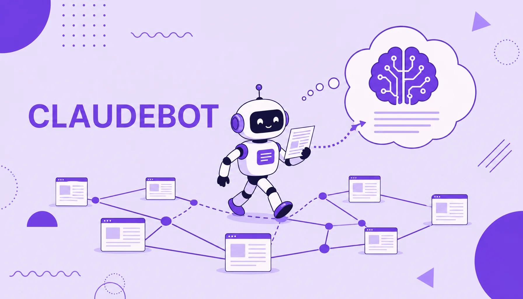 Ilustração de um robô rastreador de IA lendo páginas da web e levando o conteúdo para um modelo, representando o ClaudeBot da Anthropic.