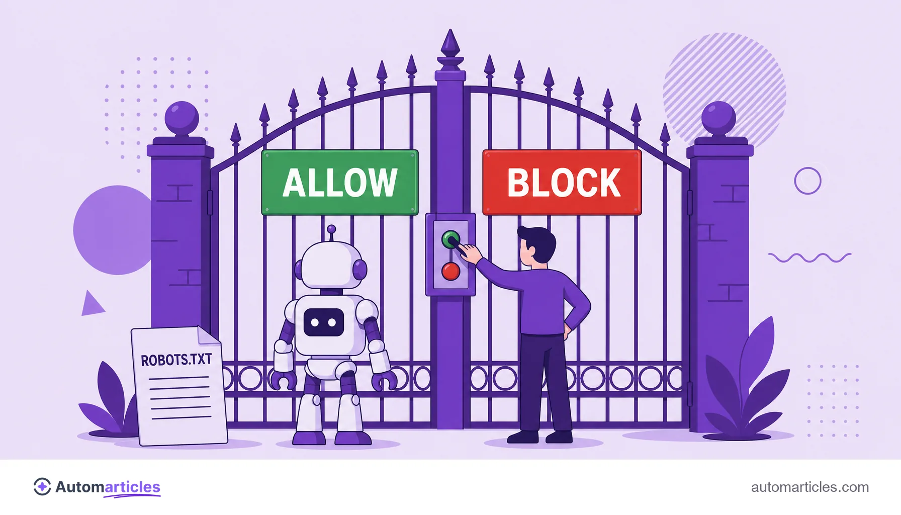 Illustration of an AI robot before a gate with allow and block signs and a robots.txt document, representing access control for ClaudeBot.