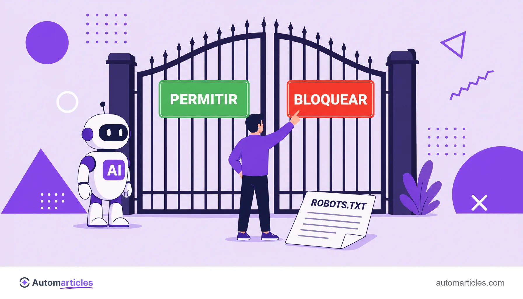 Ilustración de un robot de IA ante una verja con carteles de permitir y bloquear y un documento robots.txt, que representa el control de acceso al ClaudeBot.