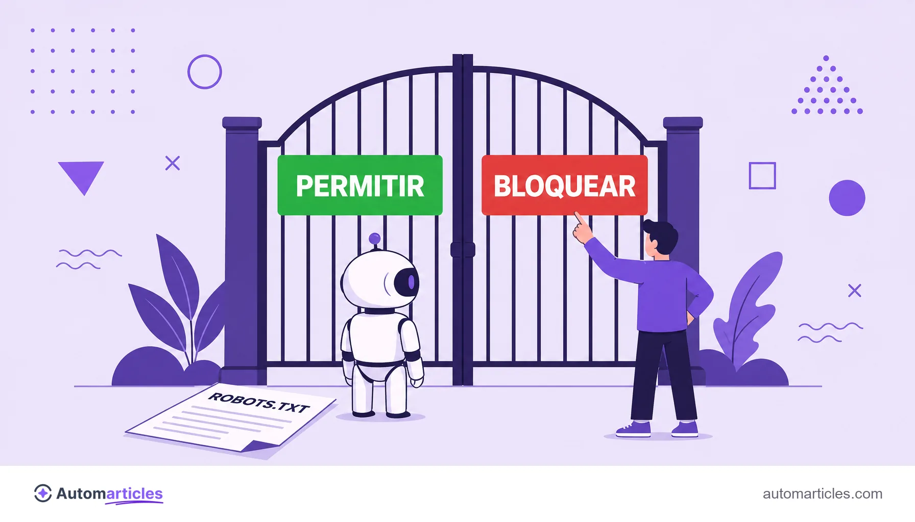Ilustração de um robô de IA diante de um portão com placas de permitir e bloquear e um documento robots.txt, representando o controle de acesso ao ClaudeBot.
