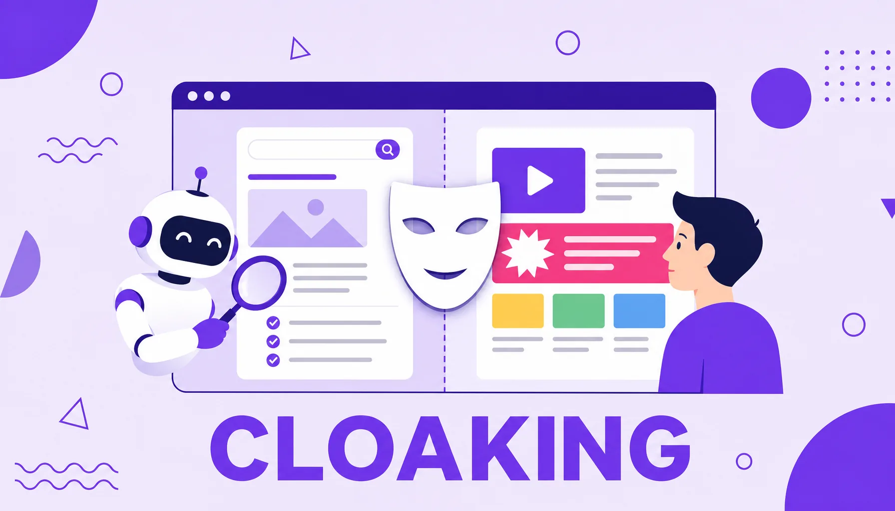 Illustration of a browser window split into two versions, one for the search robot and one for the user, representing cloaking.