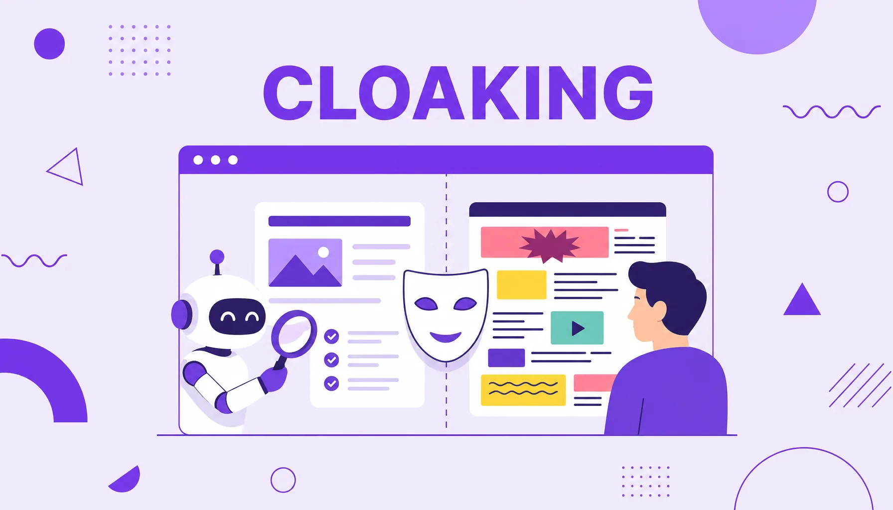 Ilustración de una ventana de navegador dividida en dos versiones, una para el robot de búsqueda y otra para el usuario, que representa el cloaking.