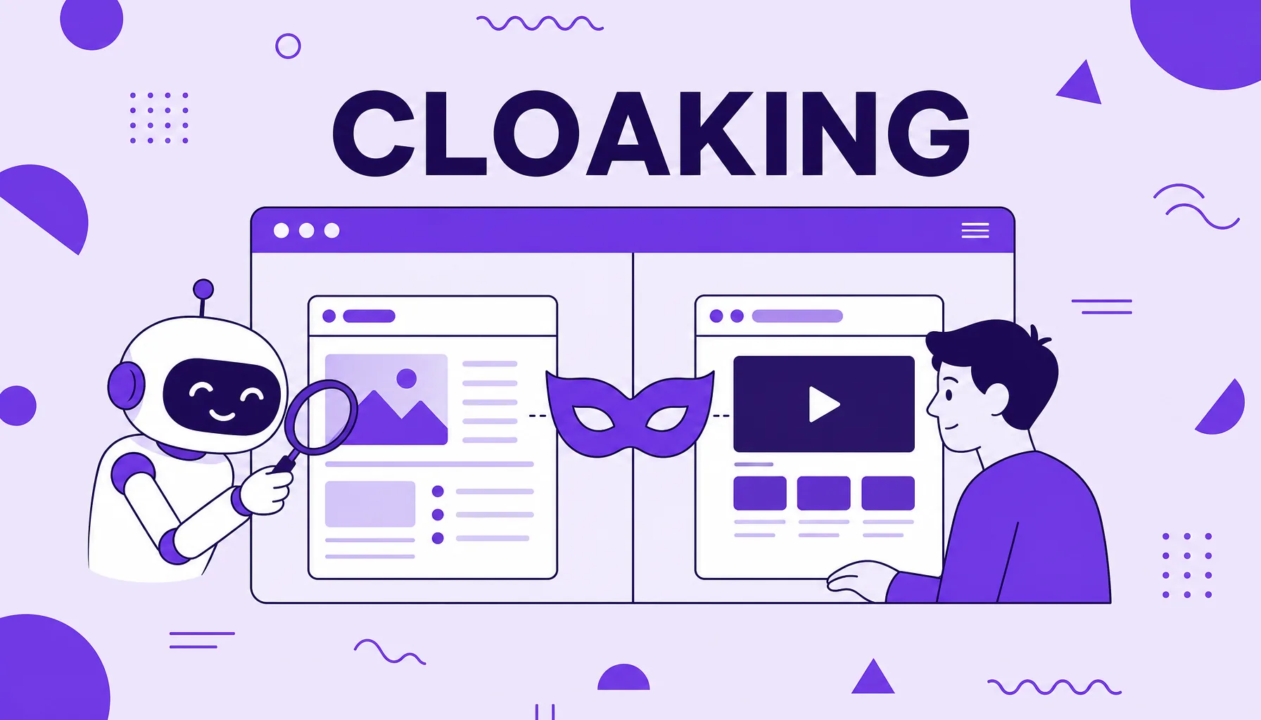 Ilustração de uma janela de navegador dividida em duas versões, uma para o robô de busca e outra para o usuário, representando o cloaking.
