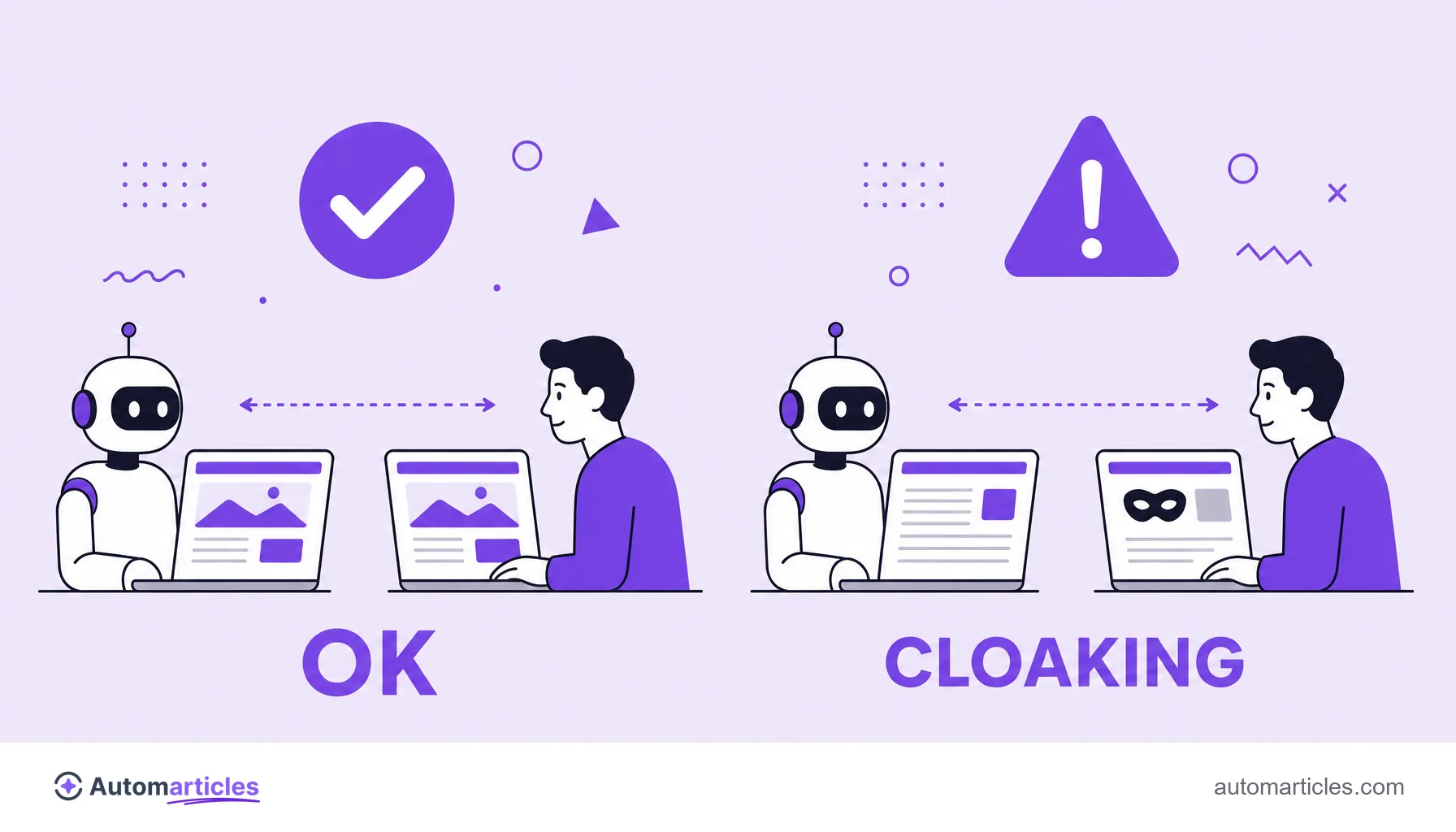 Illustration comparing a legitimate delivery, where robot and user see the same page, and cloaking, where they see different pages.