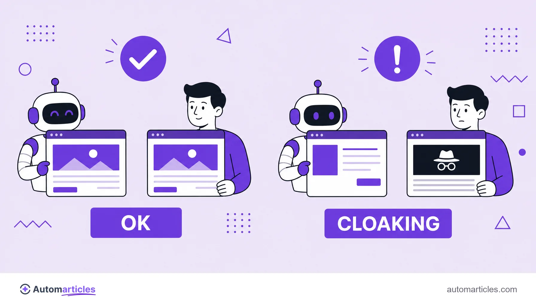 Ilustración que compara una entrega legítima, en la que robot y usuario ven la misma página, y el cloaking, en el que ven páginas distintas.