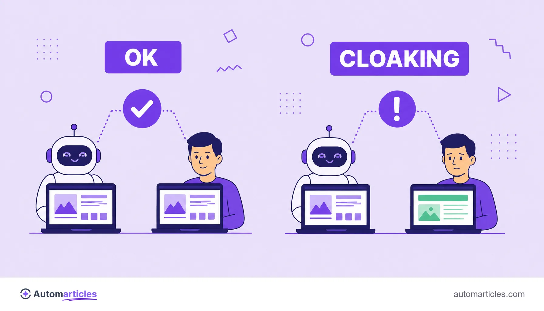 Ilustração comparando uma entrega legítima, em que robô e usuário veem a mesma página, e o cloaking, em que veem páginas diferentes.