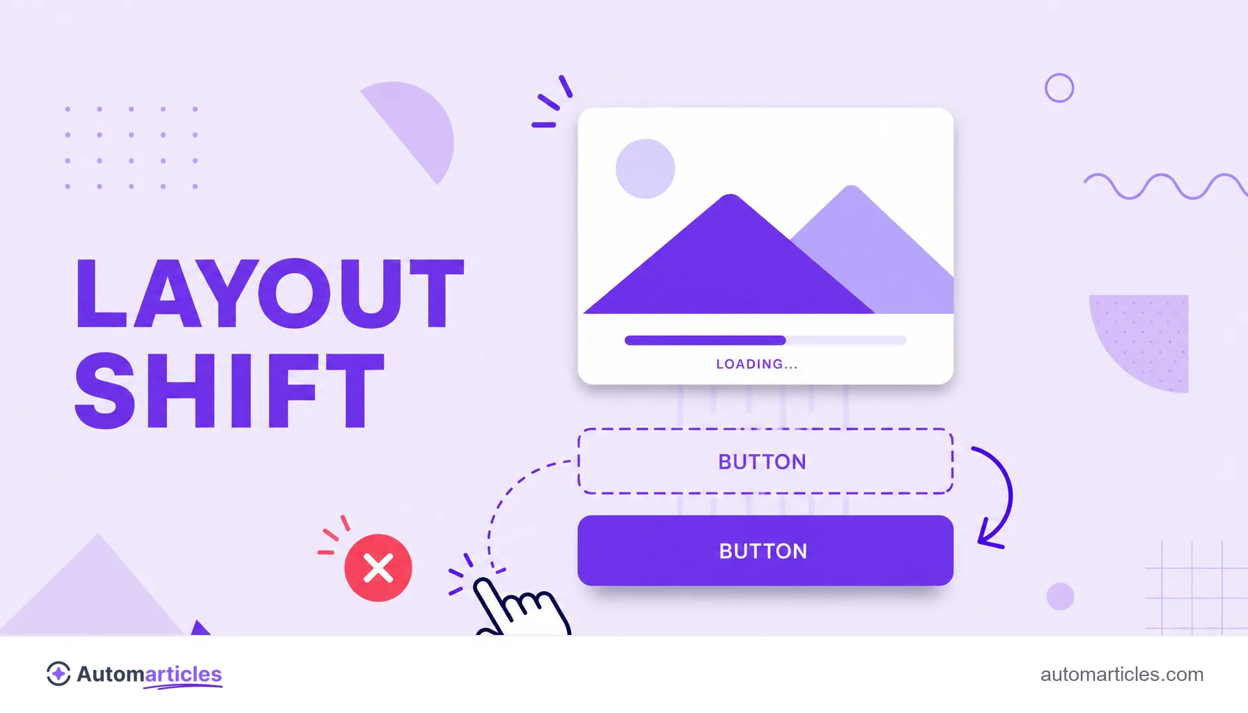 Illustration of a cursor trying to click a button that jumps out of position when an image loads above, illustrating layout shift.