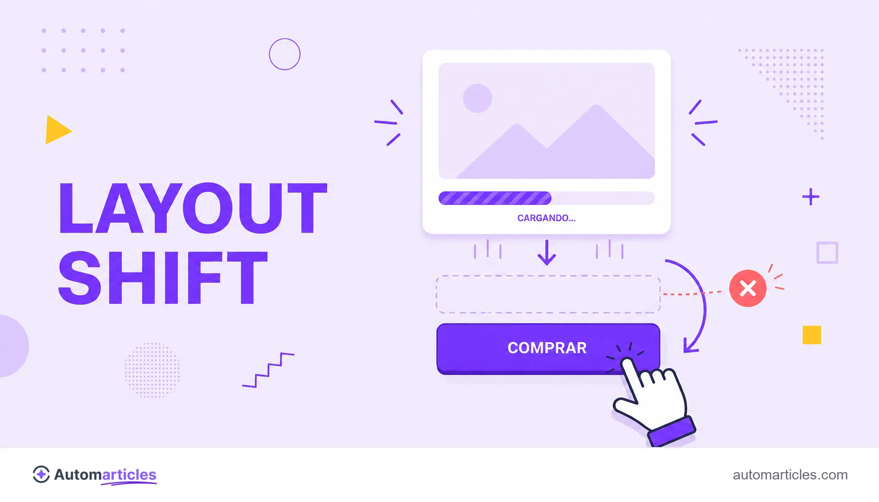 Ilustración de un cursor que intenta hacer clic en un botón que salta de posición cuando una imagen carga por encima, que ilustra el layout shift.