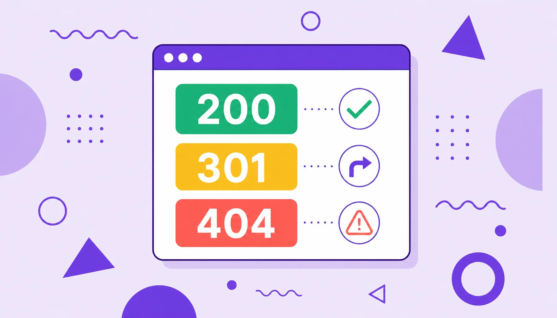 Illustration of a browser window with badges for the HTTP status codes 200, 301 and 404 and their icons.
