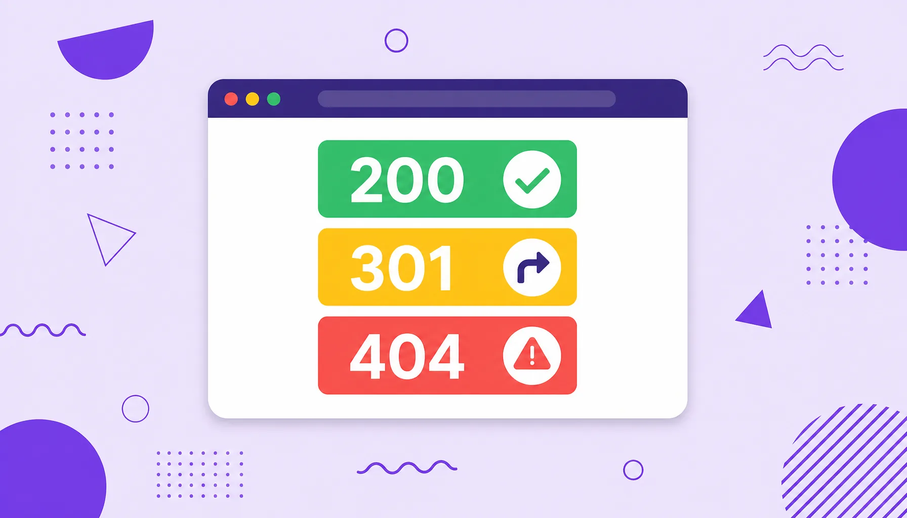 Ilustração de uma janela de navegador com etiquetas dos códigos de status HTTP 200, 301 e 404 e seus ícones.