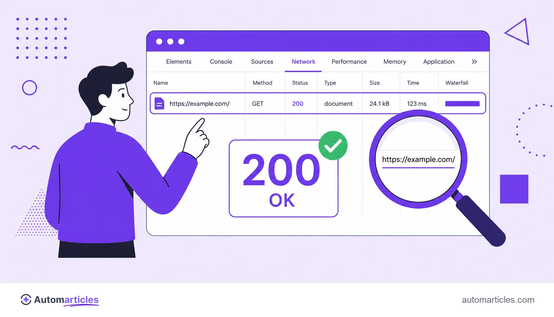 Illustration of a person checking the status code of a URL in the browser network tab, with a 200 OK badge.