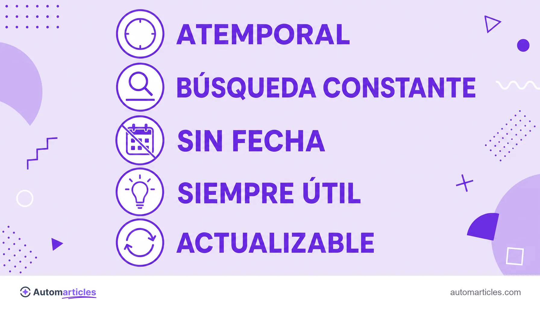 Infografía con las características del contenido evergreen: atemporal, búsqueda constante, sin fecha, siempre útil y actualizable.