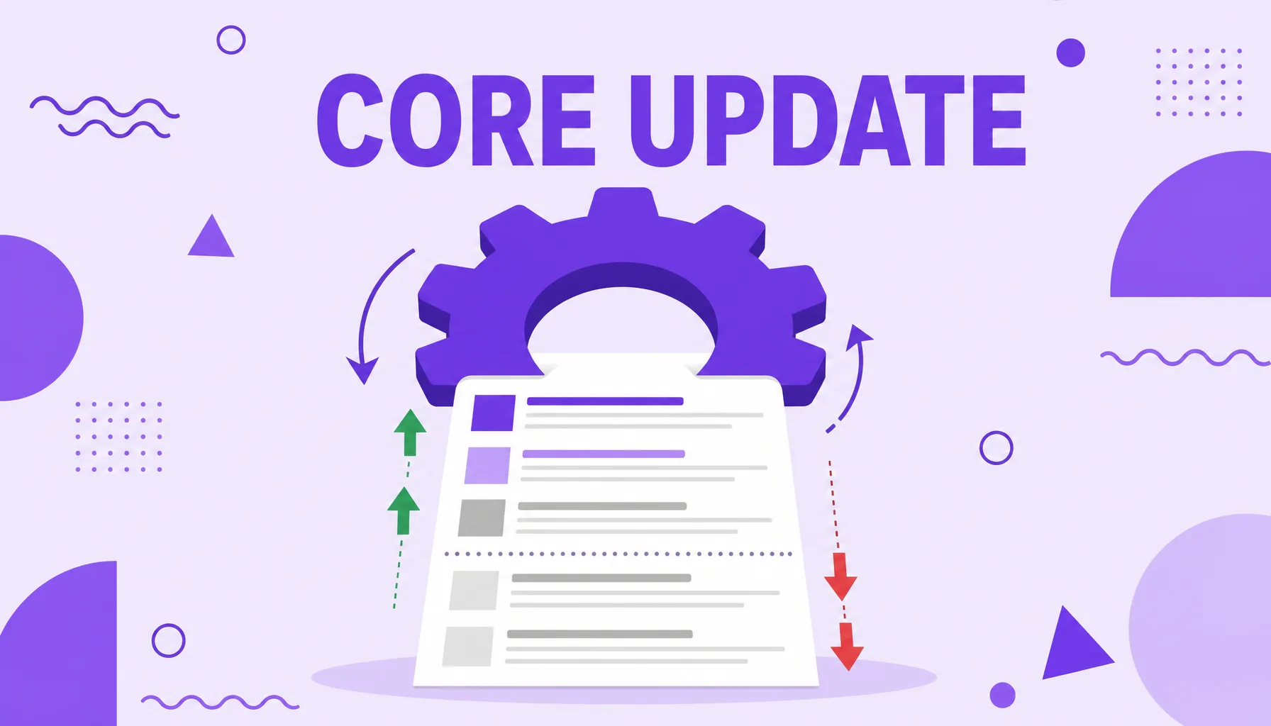 Illustration of a gear turning over a list of search results, with positions rising and falling, representing a Google core update.