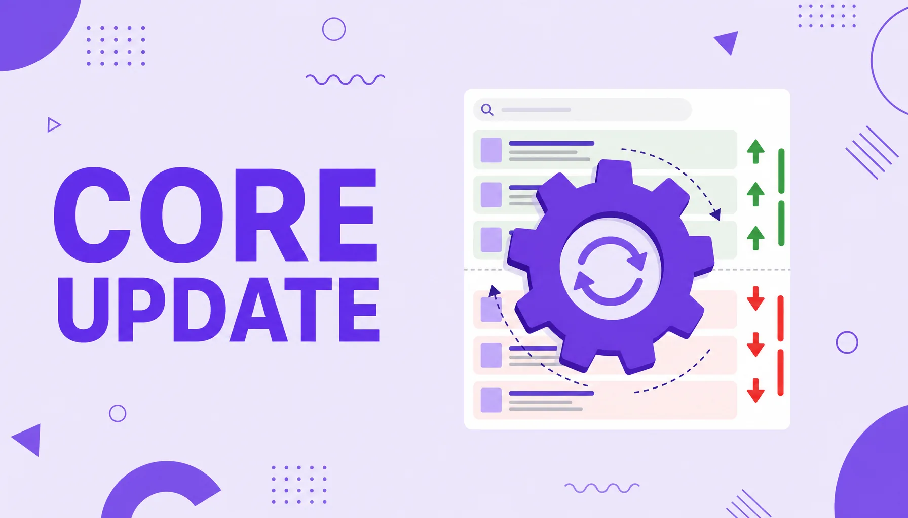 Ilustração de uma engrenagem girando sobre uma lista de resultados de busca, com posições subindo e descendo, representando um Google core update.