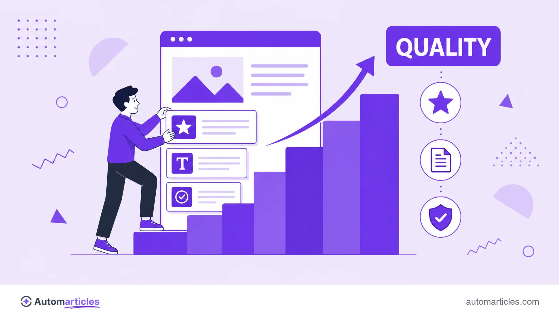 Illustration of a site climbing steps while quality content blocks are reinforced, representing recovery after a core update.