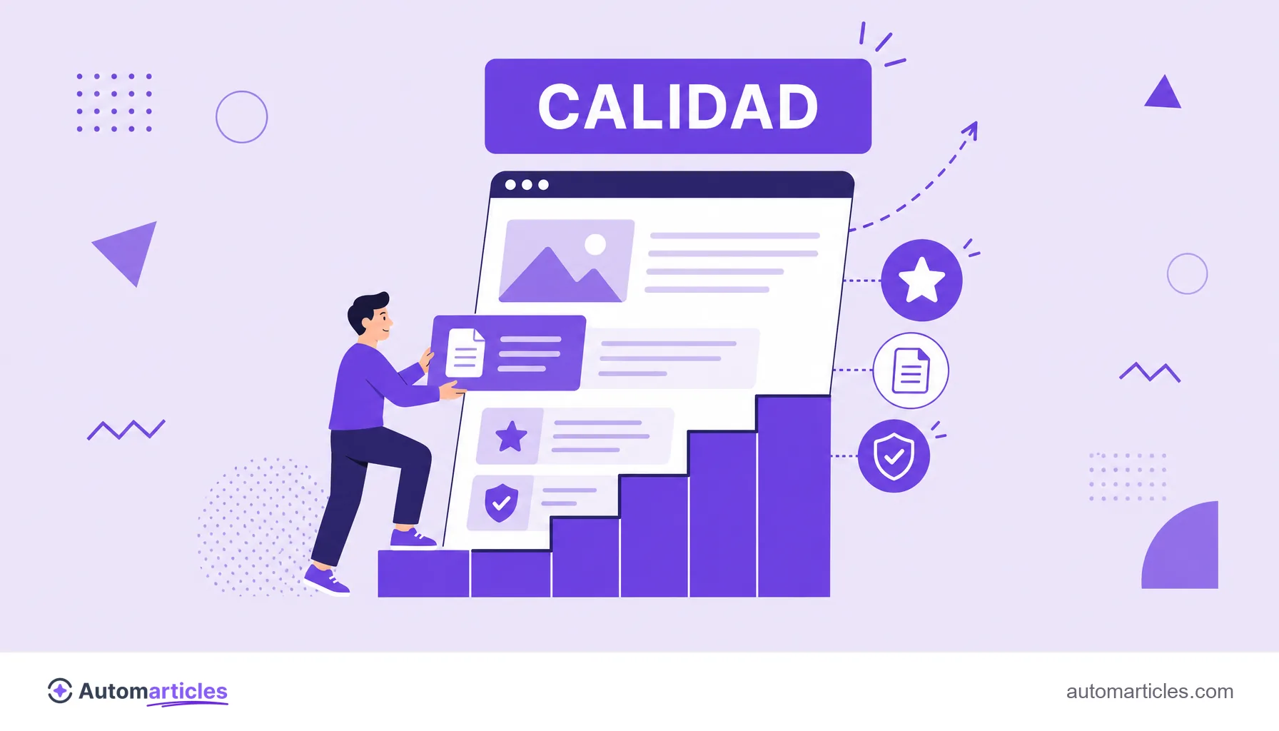 Ilustración de un sitio subiendo escalones mientras se refuerzan bloques de contenido de calidad, que representa la recuperación tras un core update.