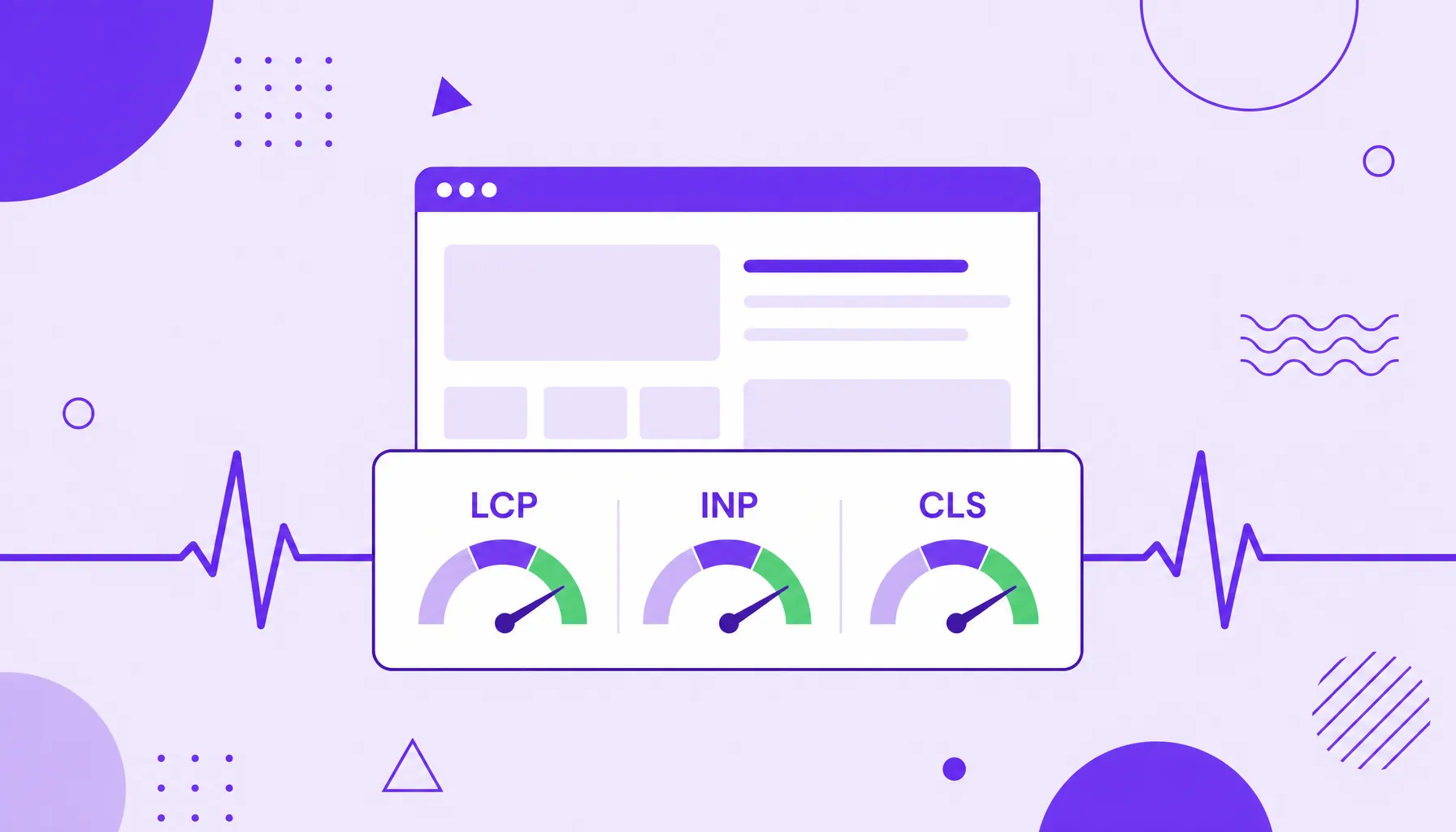 Ilustración de una página web conectada a tres medidores en la zona verde con una línea de latido, que representa las Core Web Vitals.