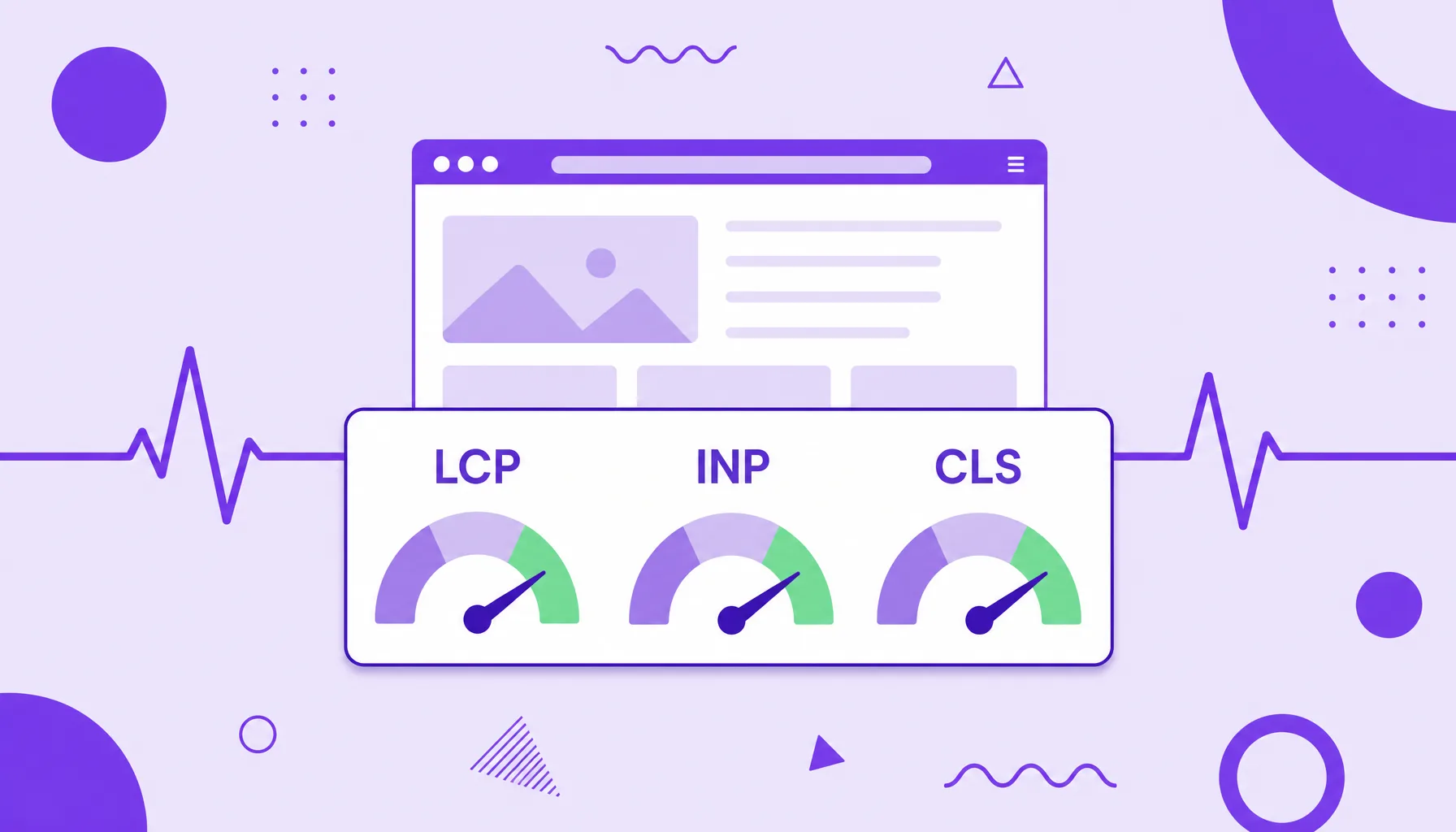 Ilustração de uma página web ligada a três medidores na zona verde com uma linha de batimento cardíaco, representando as Core Web Vitals.