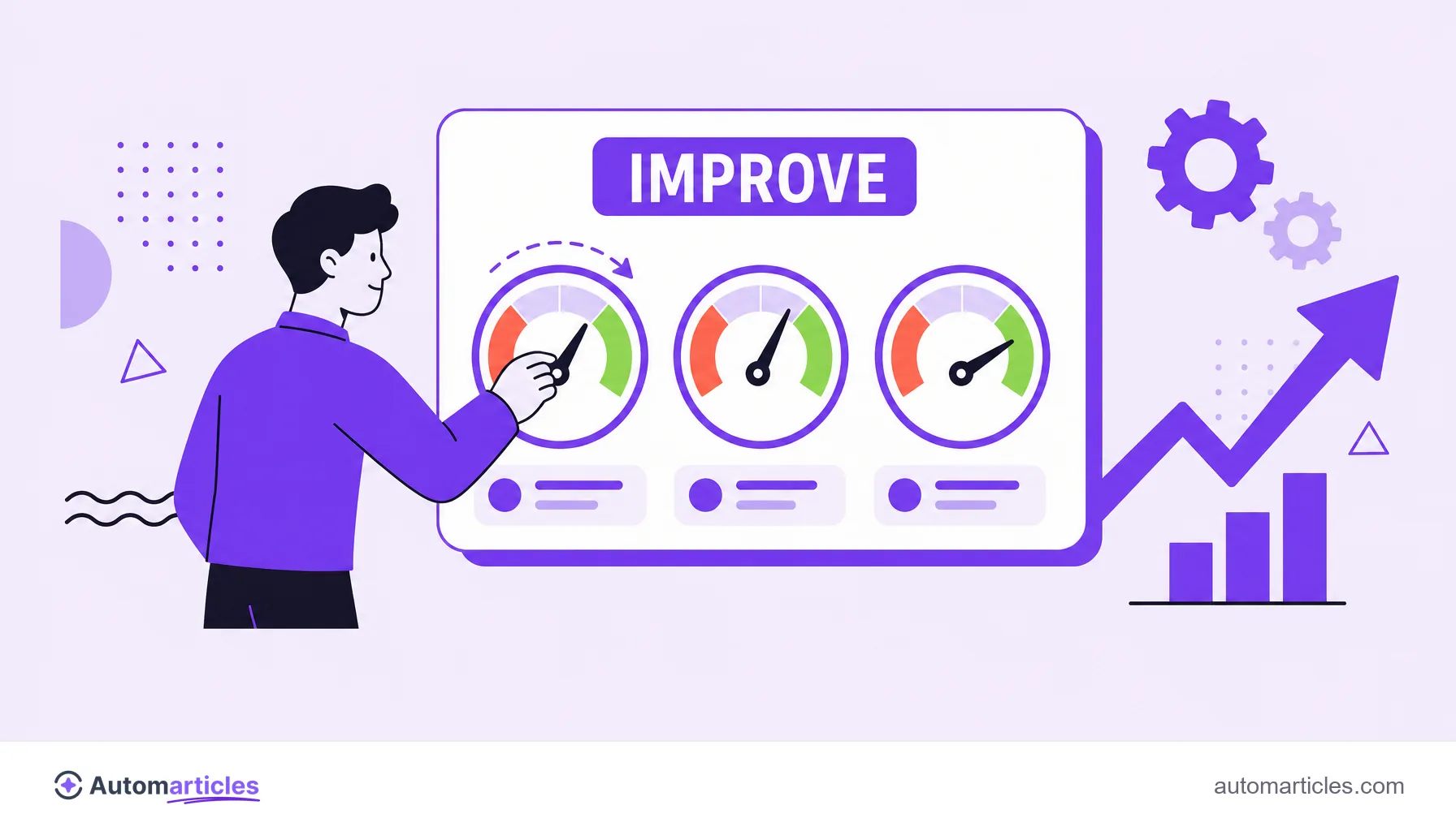 Illustration of a person adjusting three gauges from the red zone to the green zone, representing the improvement of Core Web Vitals.