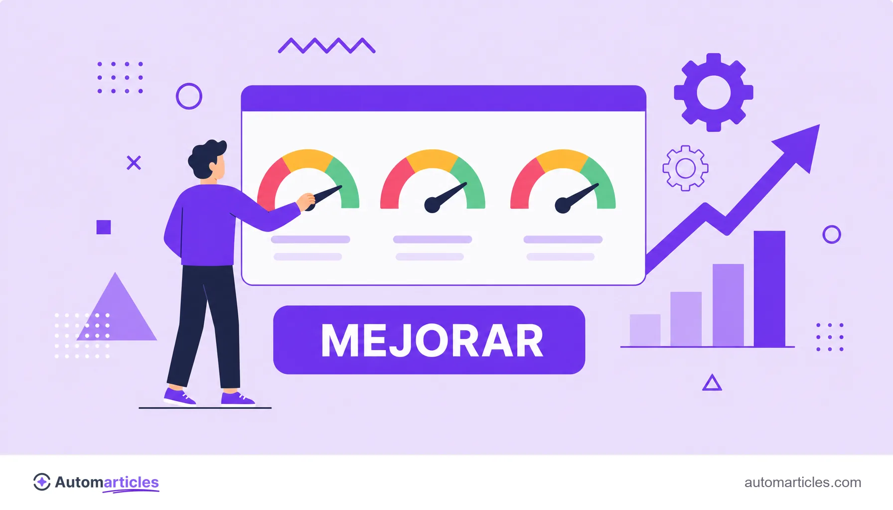 Ilustración de una persona ajustando tres medidores de la zona roja a la verde, que representa la mejora de las Core Web Vitals.