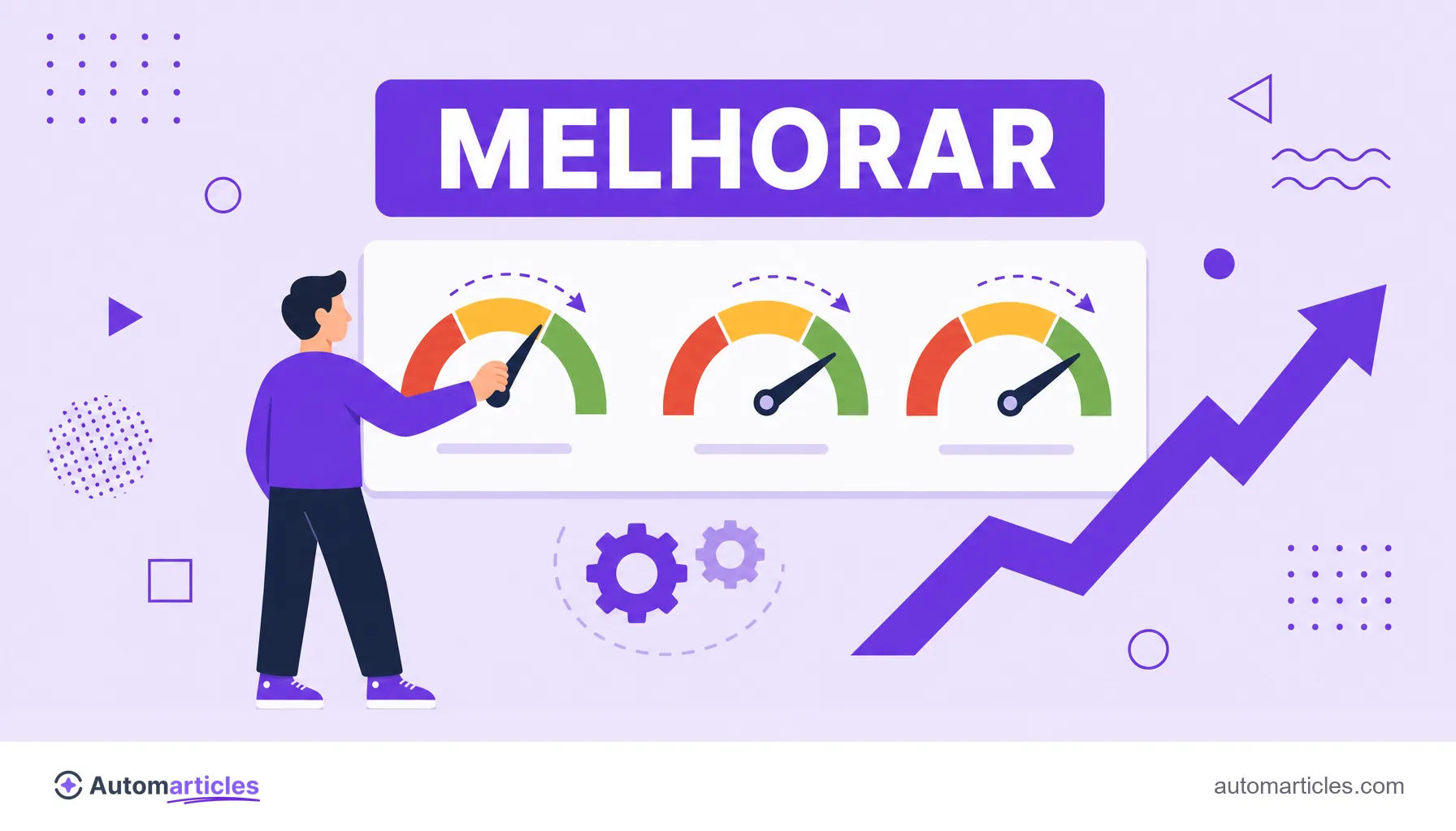 Ilustração de uma pessoa ajustando três medidores da zona vermelha para a verde, representando a melhoria das Core Web Vitals.