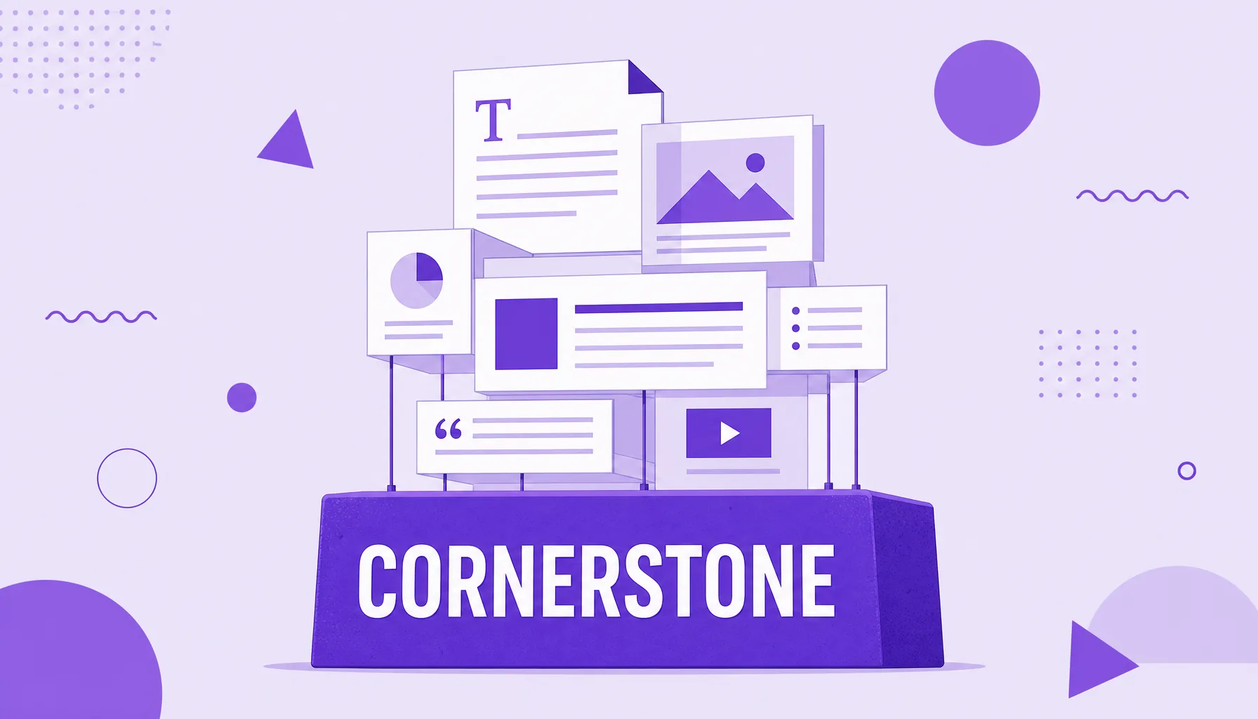 Illustration of a purple foundation stone supporting a building of content pages, representing cornerstone content.
