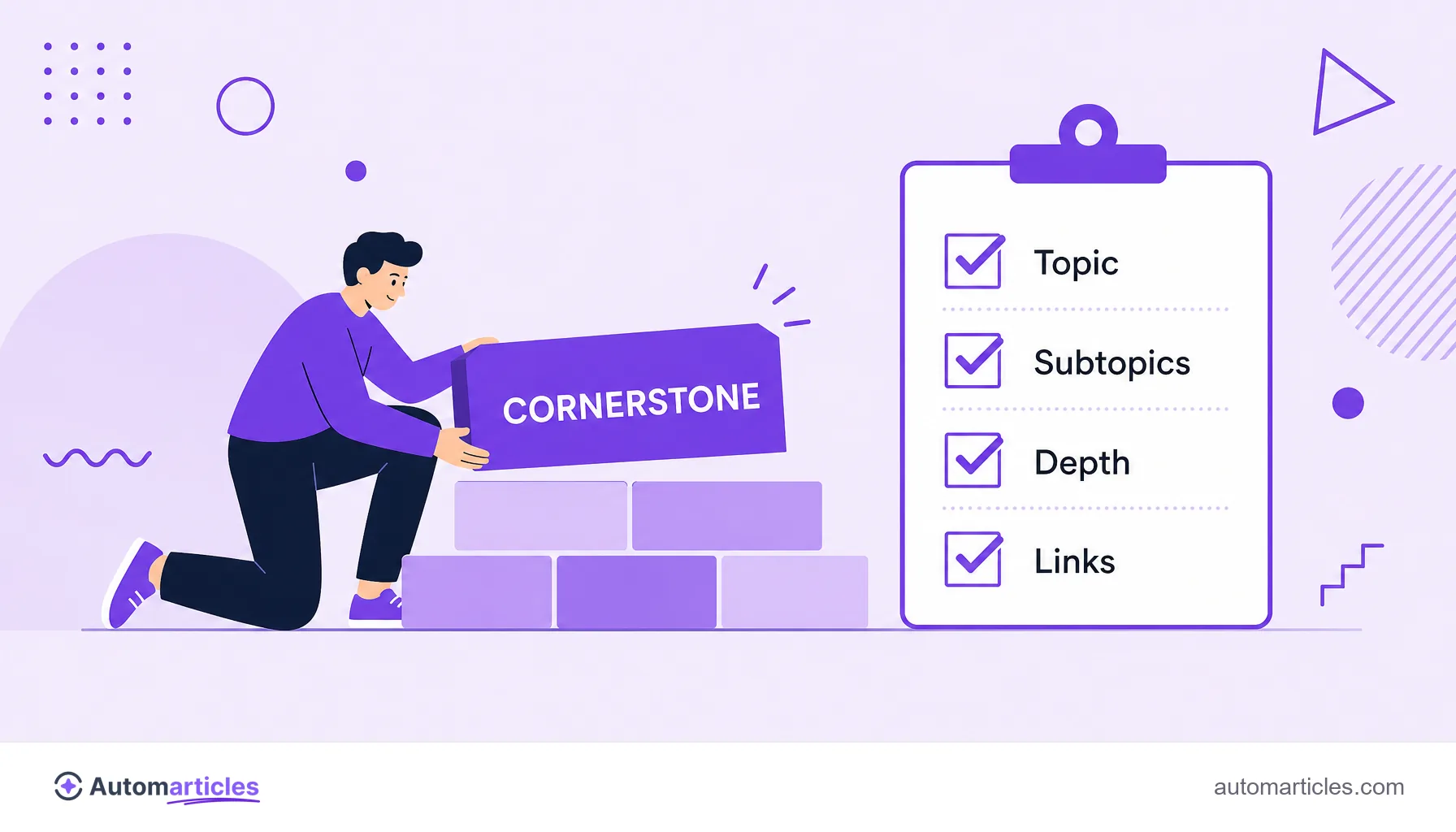 Illustration of a person laying a foundation stone next to a checklist, representing the steps to create cornerstone content.