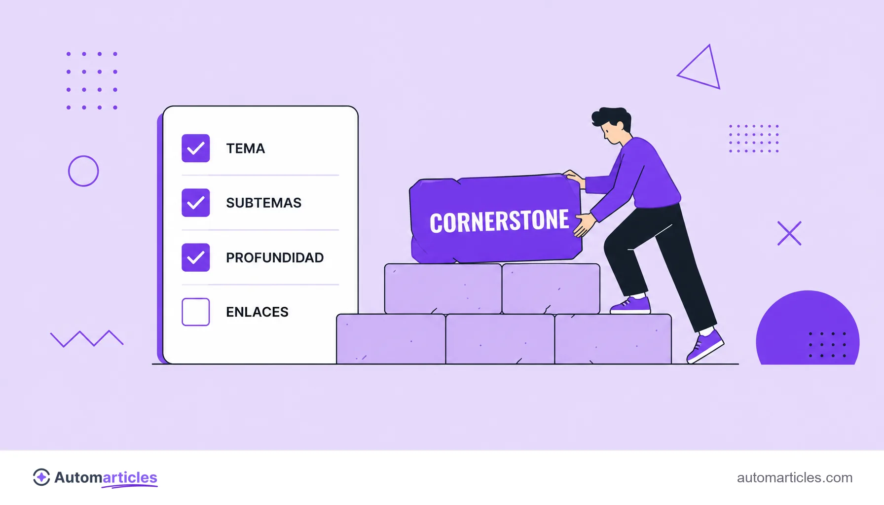 Ilustración de una persona colocando una piedra de cimiento junto a una lista de verificación, que representa las etapas para crear un cornerstone content.