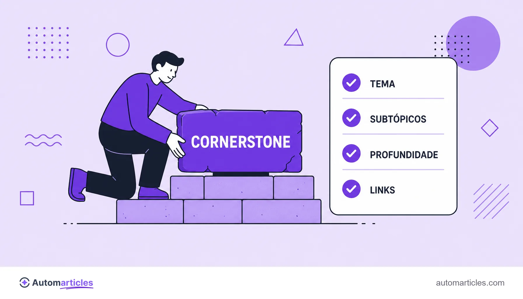 Ilustração de uma pessoa assentando uma pedra de alicerce ao lado de um checklist, representando as etapas para criar um cornerstone content.