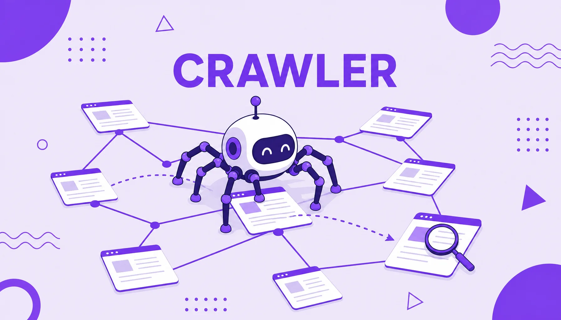 Illustration of a crawler bot traveling a web of connected pages, representing a web crawler.