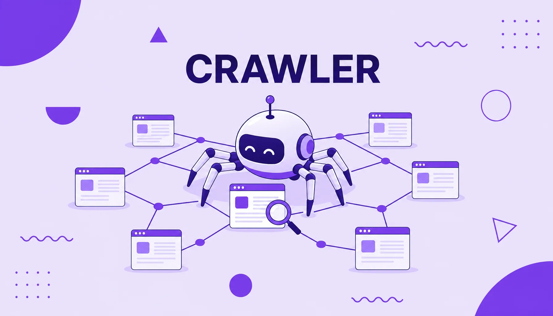 Ilustración de un robot rastreador recorriendo una red de páginas conectadas, que representa un web crawler.