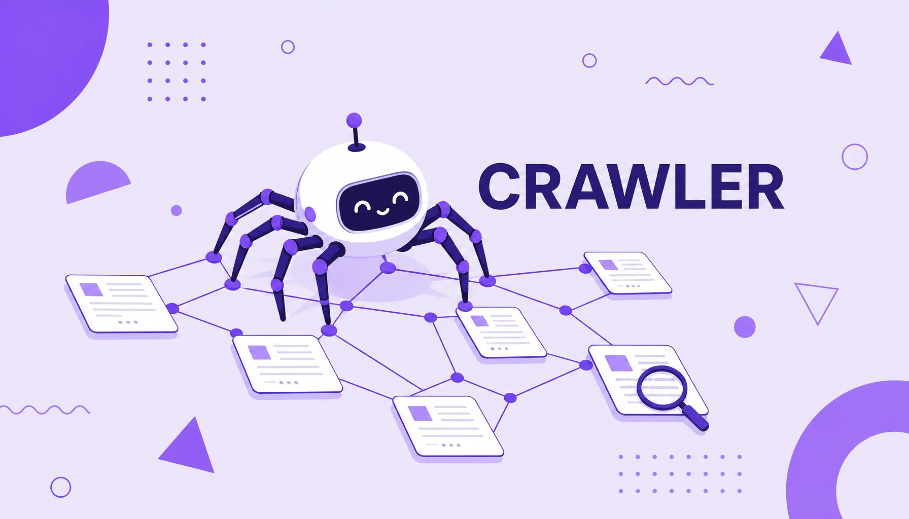 Ilustração de um robô rastreador percorrendo uma teia de páginas conectadas, representando um web crawler.
