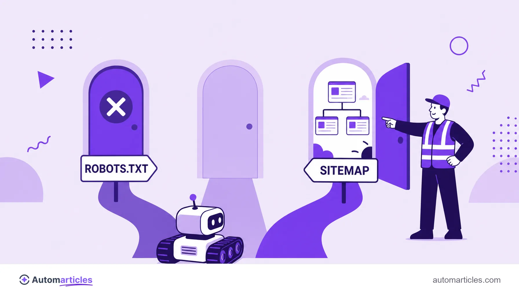 Illustration of a crawler bot being guided by robots.txt and sitemap signs down different paths of the site.