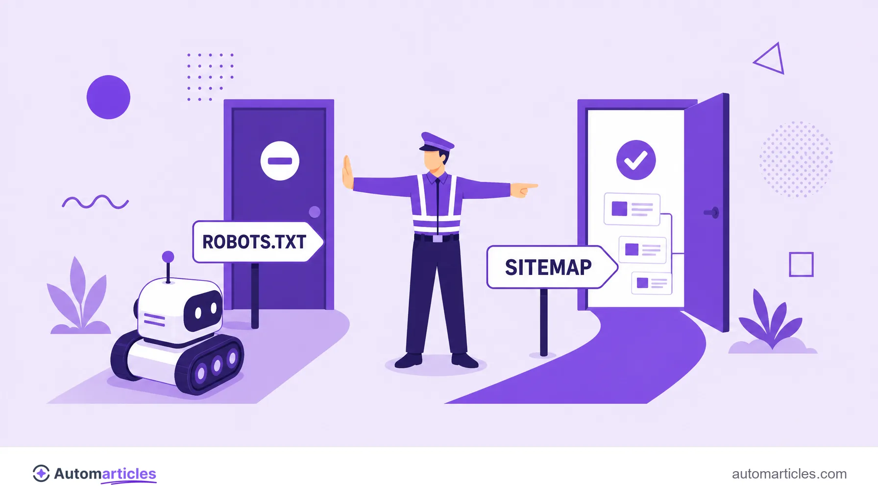 Ilustración de un robot rastreador guiado por carteles de robots.txt y sitemap por diferentes caminos del sitio.