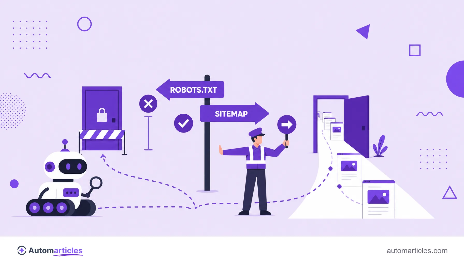 Ilustração de um robô rastreador sendo guiado por placas de robots.txt e sitemap por diferentes caminhos do site.