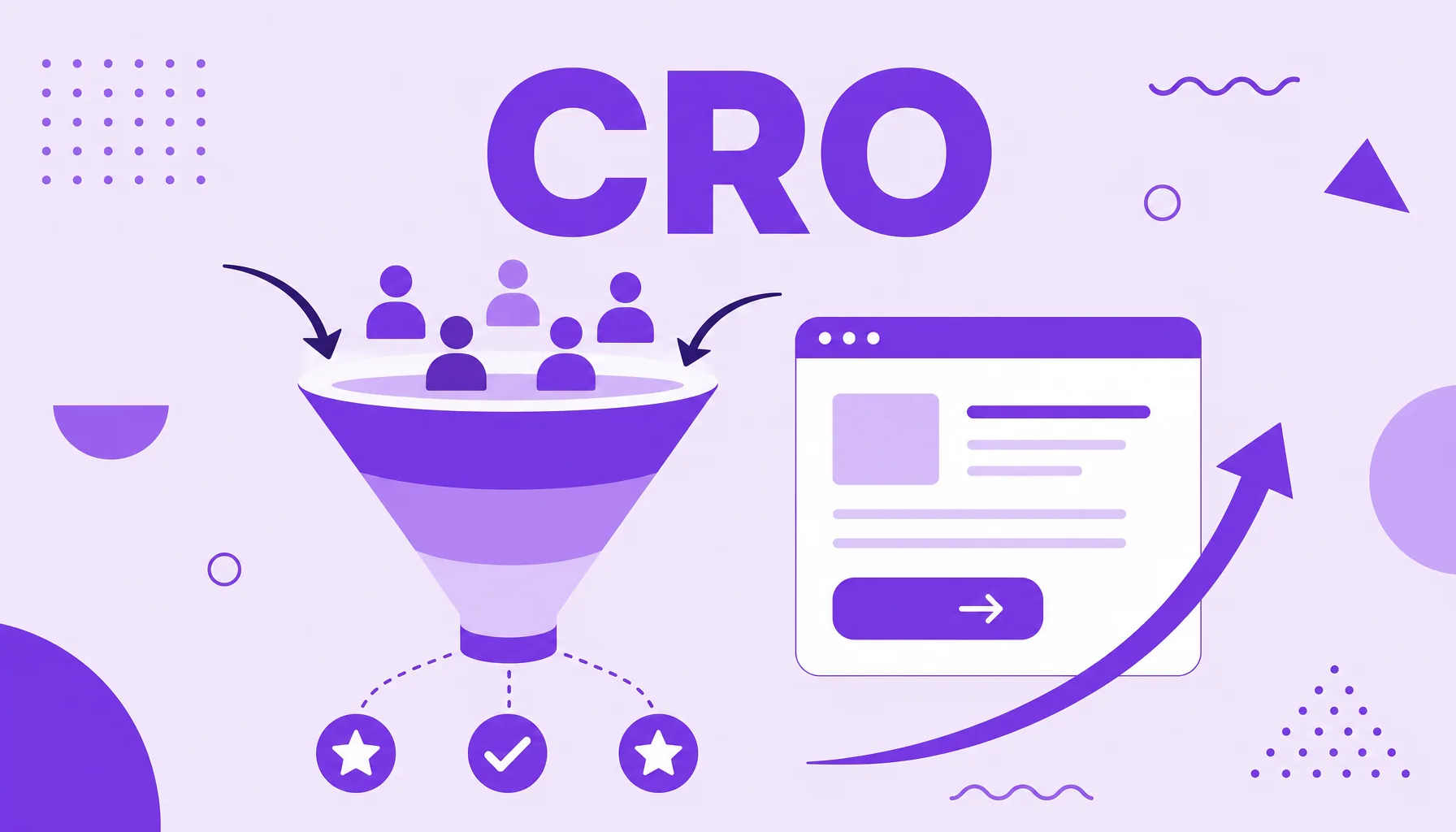 Illustration of a funnel converting visitors into results next to a page with an action button, representing CRO.