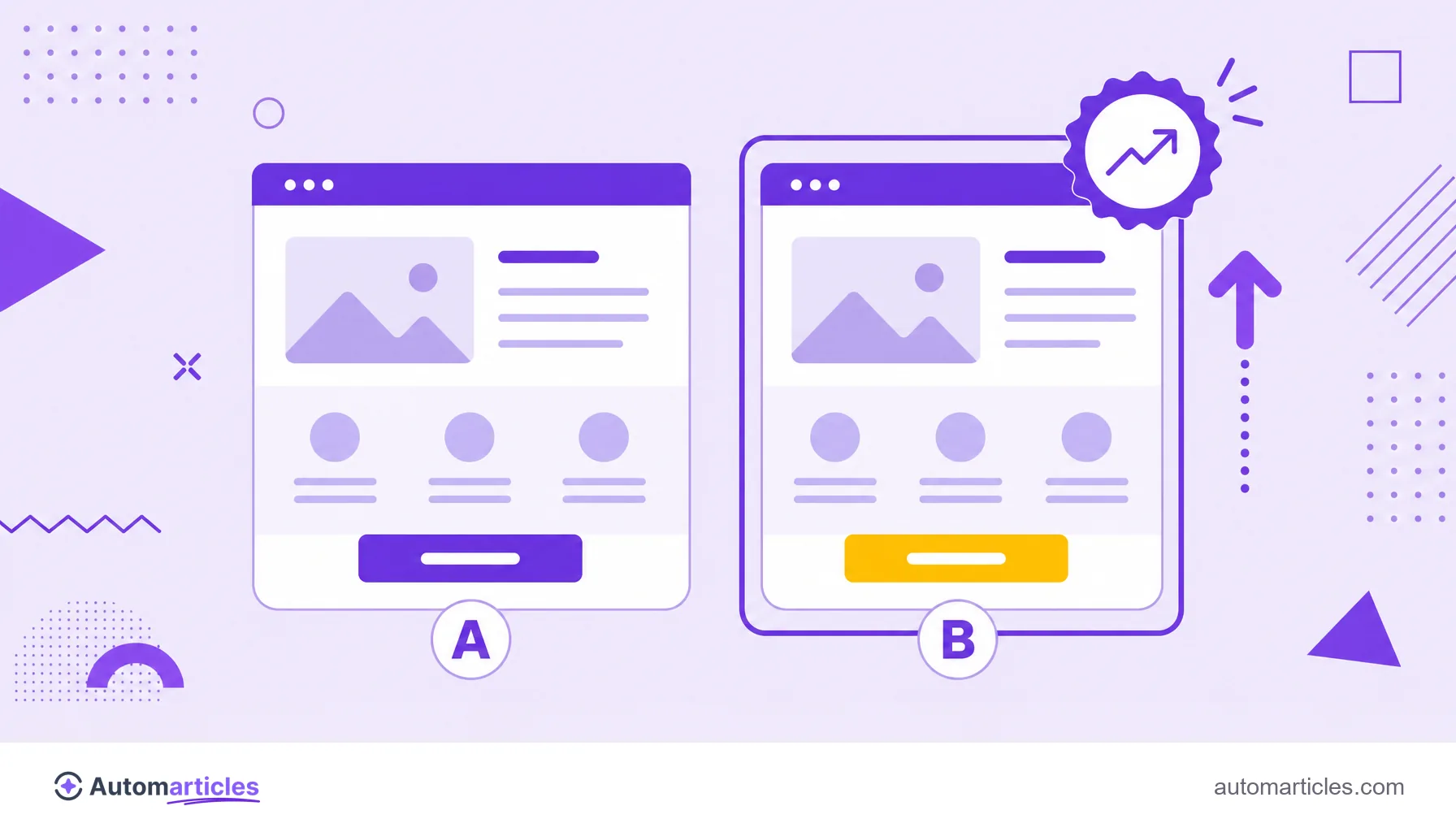 Ilustración de un test A/B con dos versiones de una página y la versión ganadora destacada.
