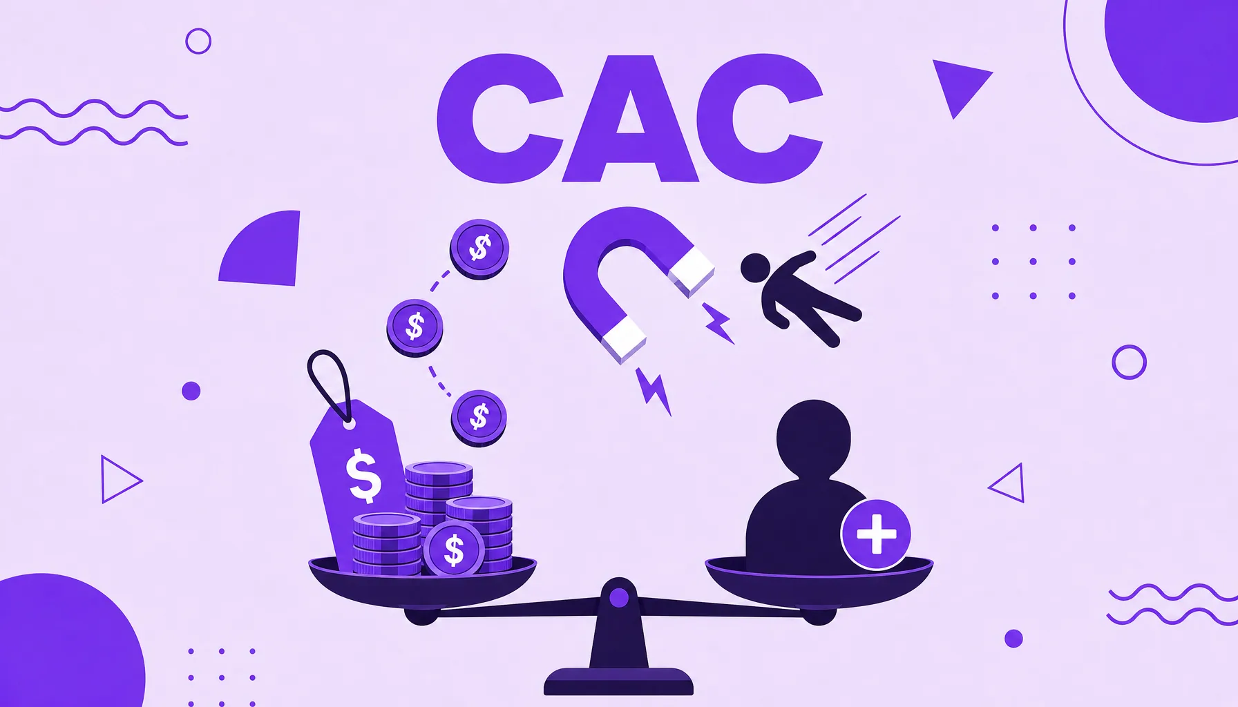Illustration of a scale with coins on one side and a customer on the other, with a magnet attracting people, representing customer acquisition cost.