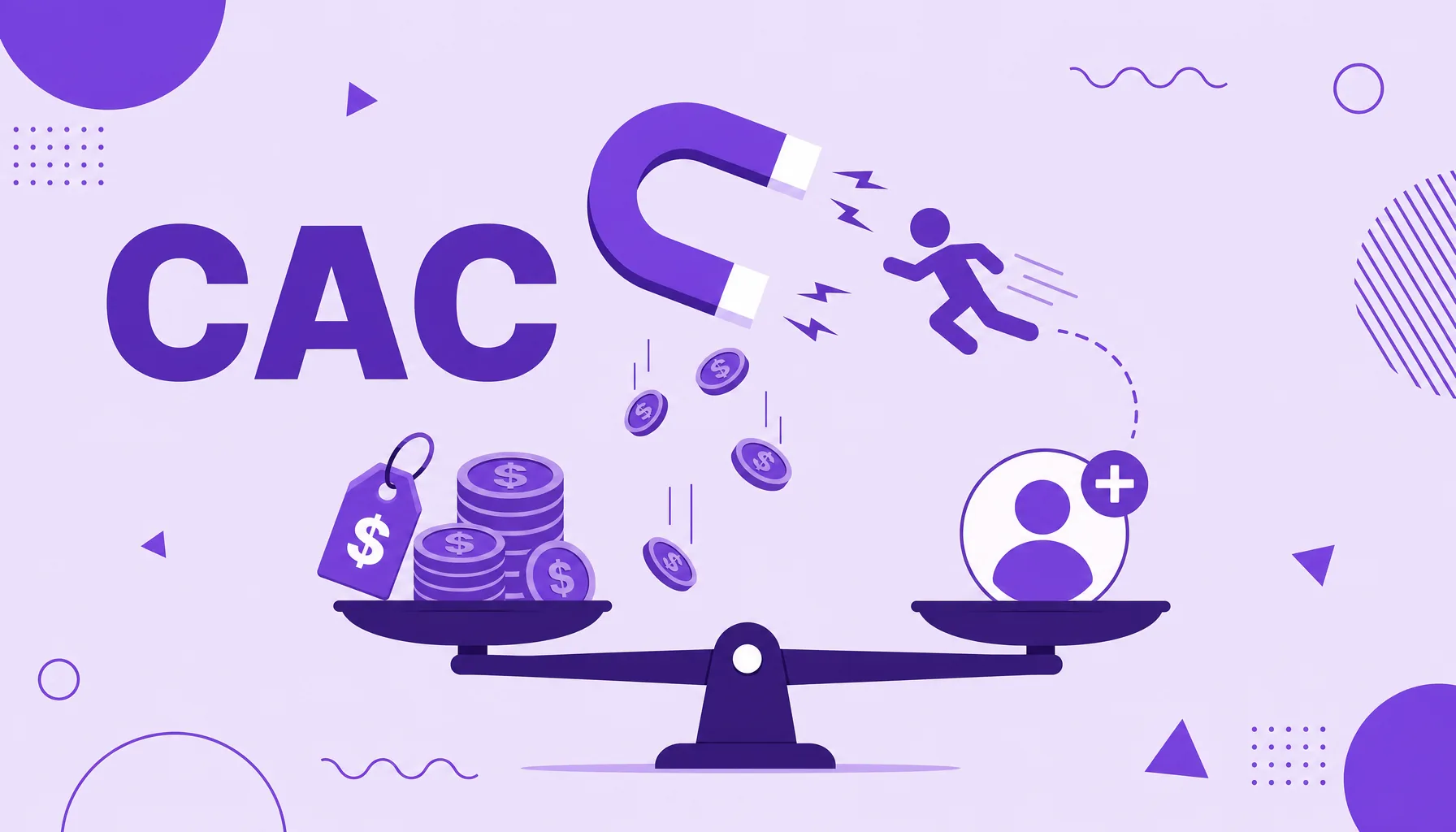 Ilustração de uma balança com moedas de um lado e um cliente do outro, com um ímã atraindo pessoas, representando o custo de aquisição de cliente.