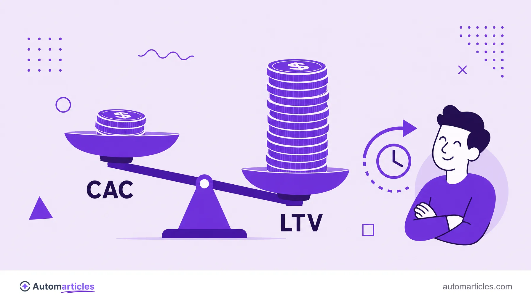 Illustration of a scale comparing the smaller CAC on one side and the larger LTV on the other, representing the relationship between cost and customer value.