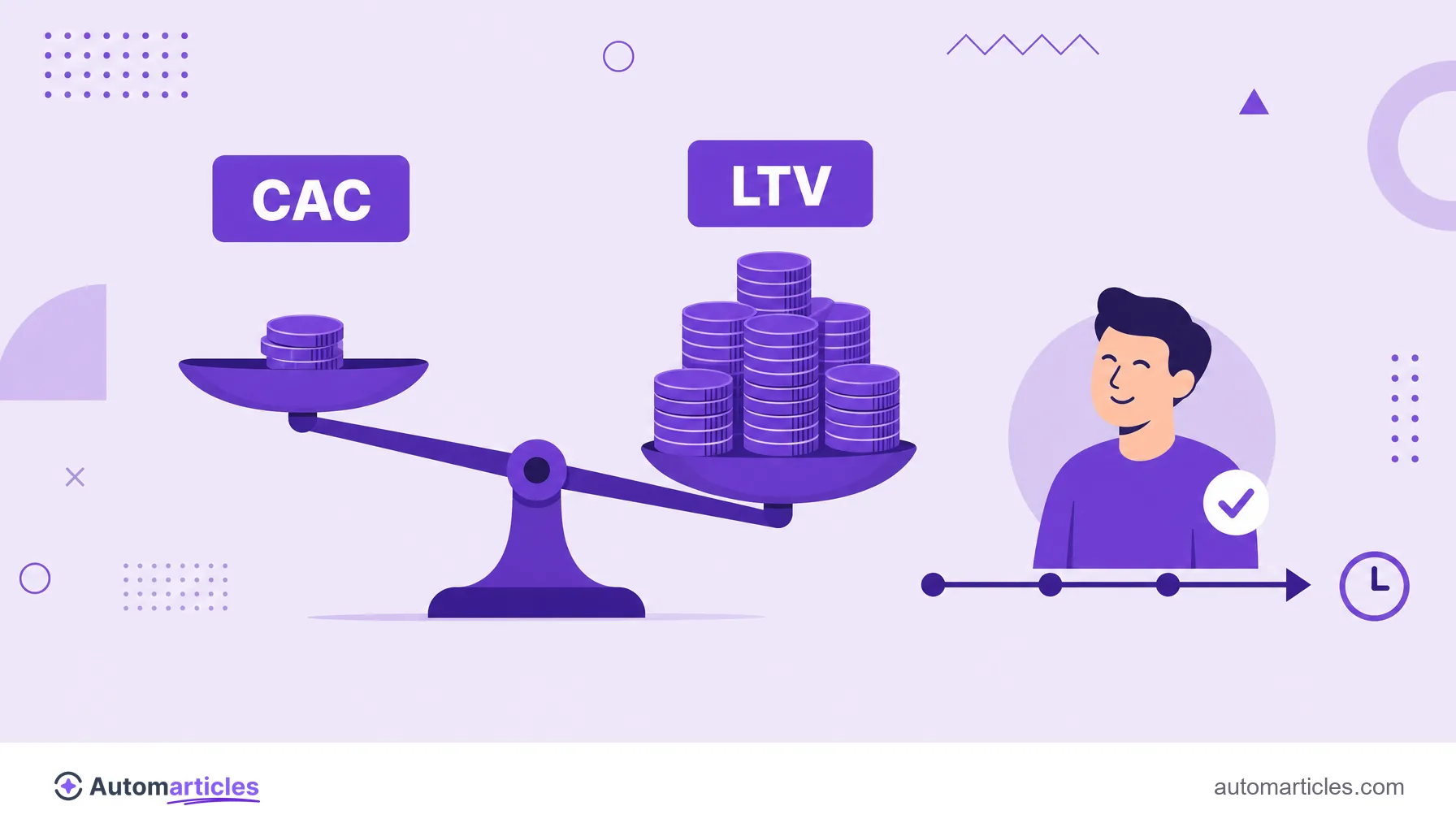 Ilustración de una balanza que compara el CAC menor de un lado y el LTV mayor del otro, y representa la relación entre costo y valor del cliente.