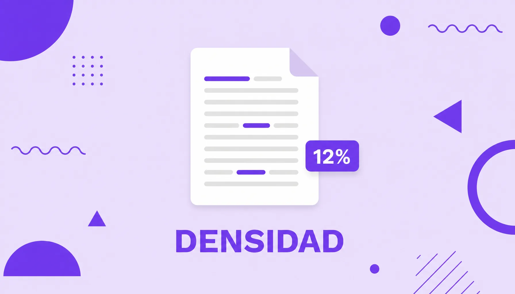 Ilustración de un documento con pocas palabras destacadas en morado entre líneas de texto gris, que representa la densidad de palabras clave.