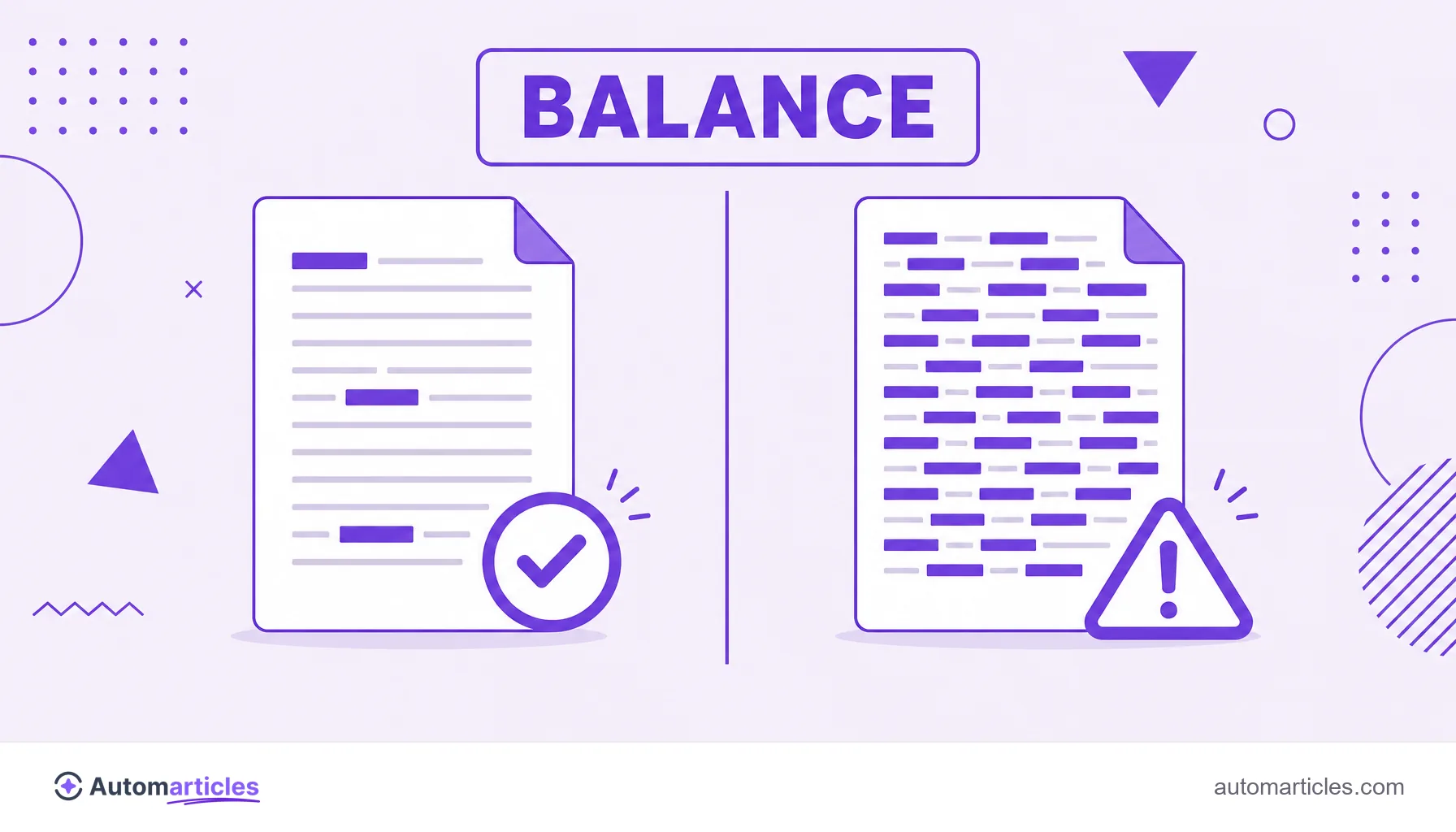 Illustration comparing a text with natural keyword use and another with excessive repetition, marked as a keyword stuffing warning.