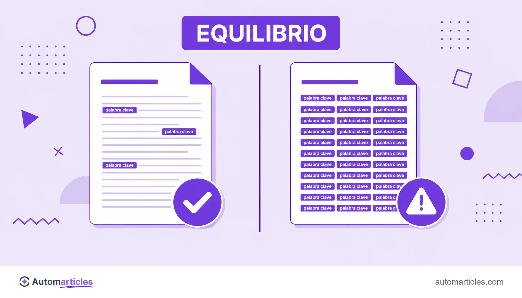 Ilustración que compara un texto con uso natural de la palabra clave y otro con repetición excesiva, marcado como alerta de keyword stuffing.